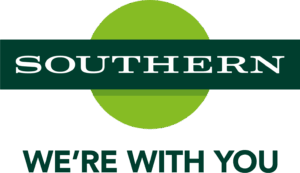 Green circle with "Southern" in bold white letters across it and "We're with you" below. The design conveys support and solidarity.
